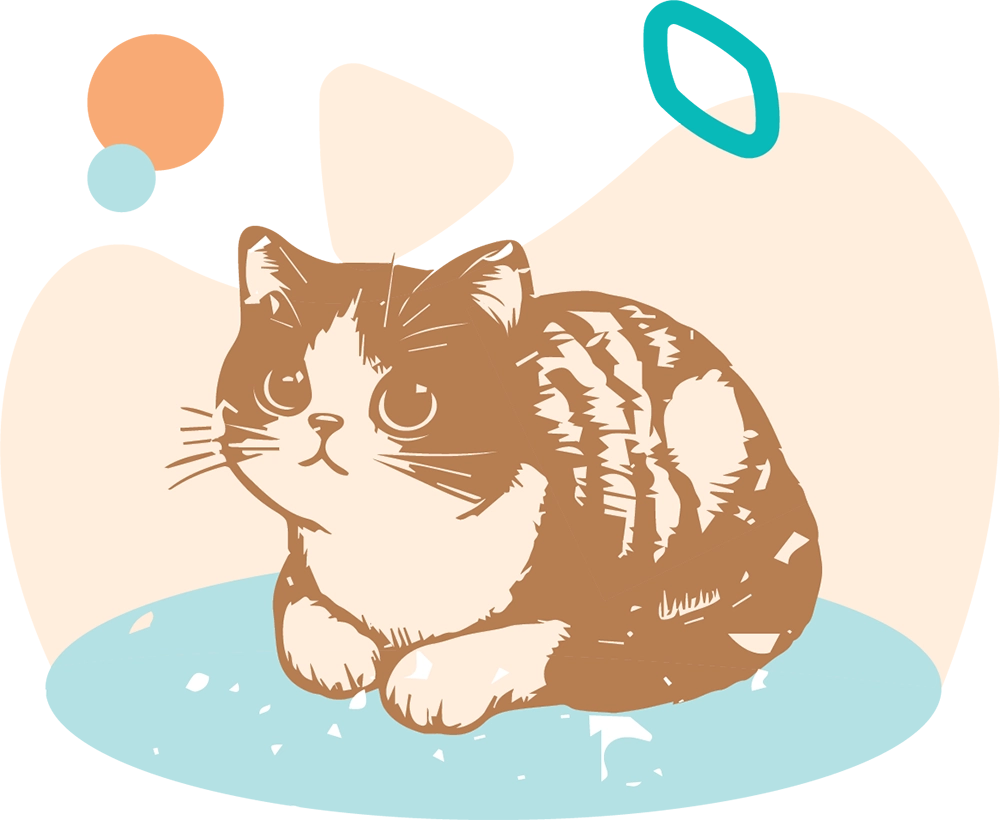 Illustration of a brown and cream cat sitting on a blue shape with abstract pastel shapes in the background.