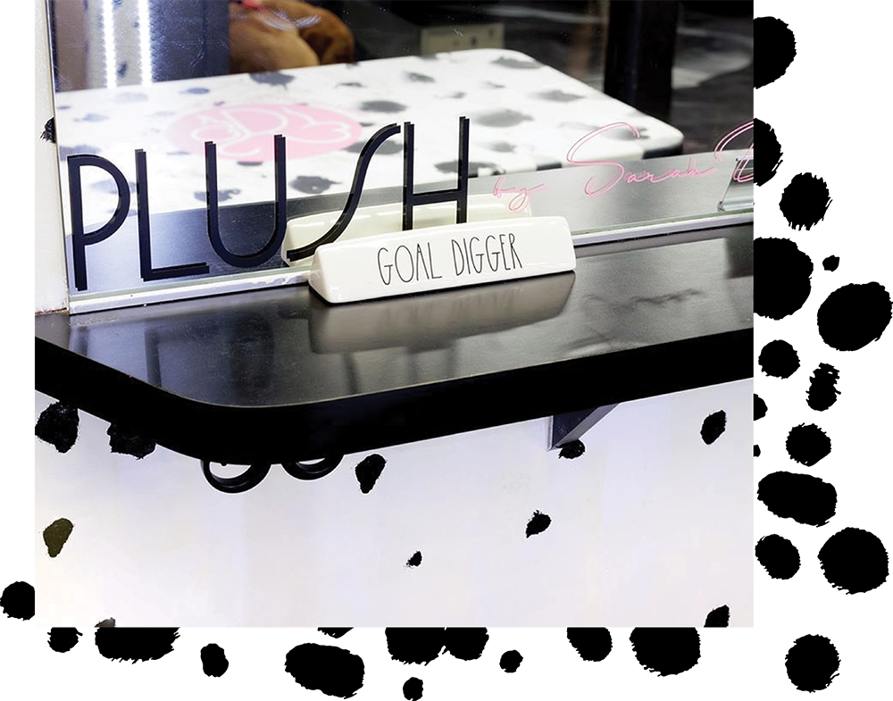 A retail counter with a nameplate reading "GOAL DIGGER" and a background with the words "PLUSH" and a cow print pattern.
