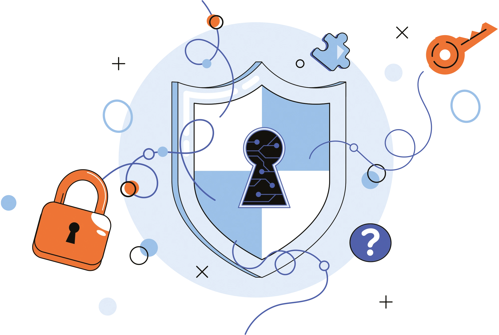 A cartoon-style shield with a keyhole, surrounded by a padlock, key, question mark, and abstract shapes, representing digital security.