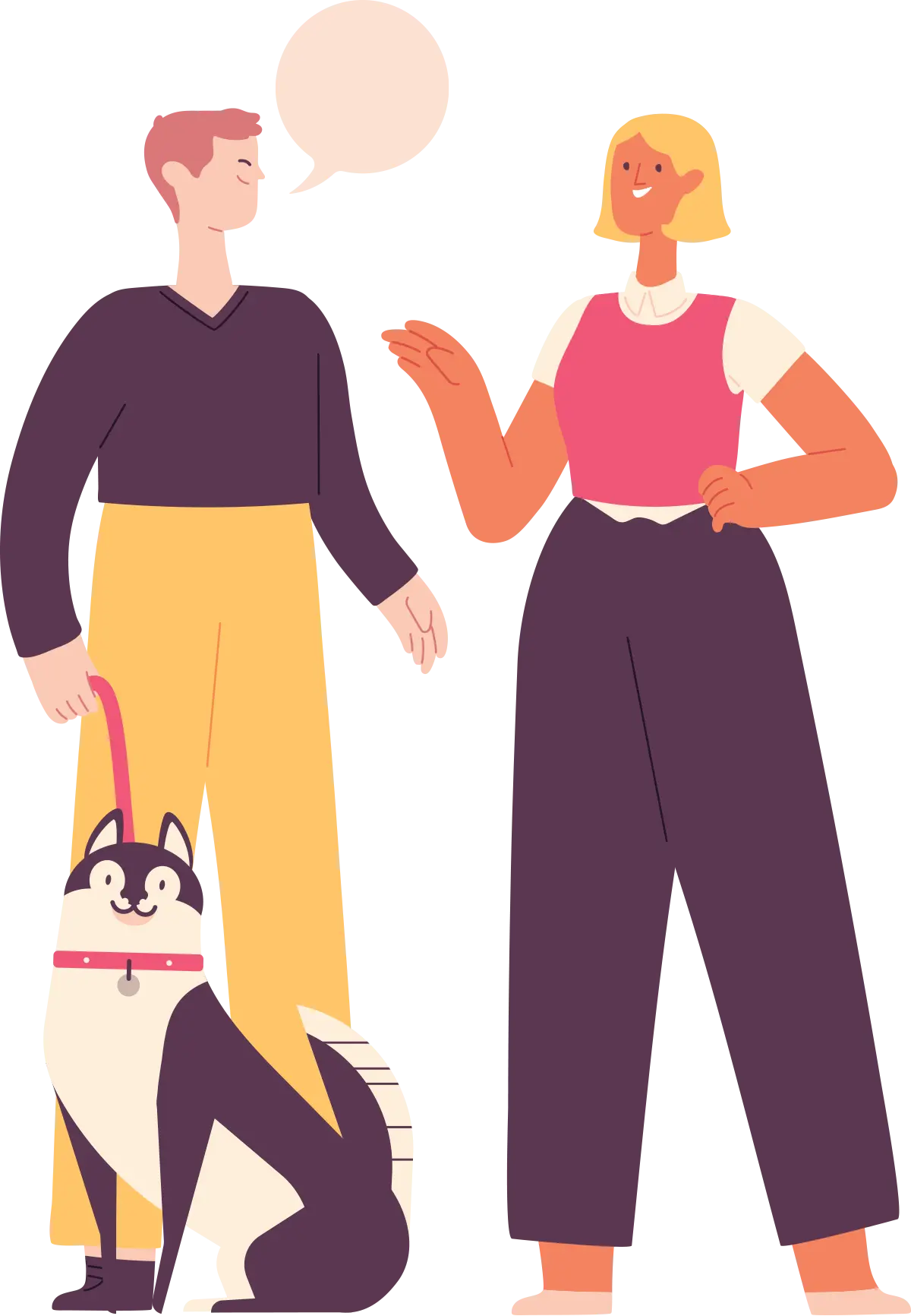 vector graphic of two people conversing while one holds a dog on a leash