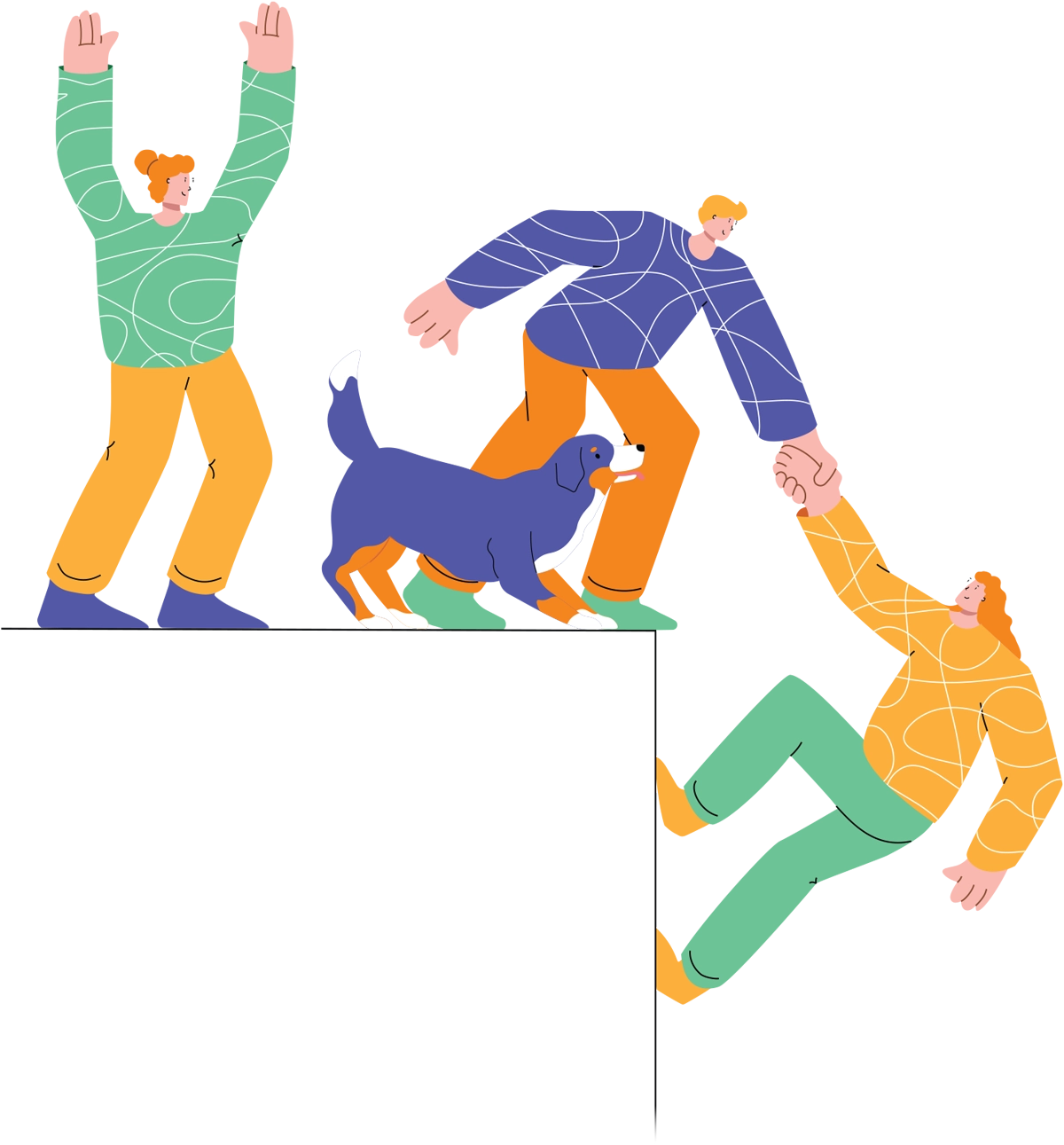 illustration of a figure helping another up the side of a platform as another figure and dog on the platform look on