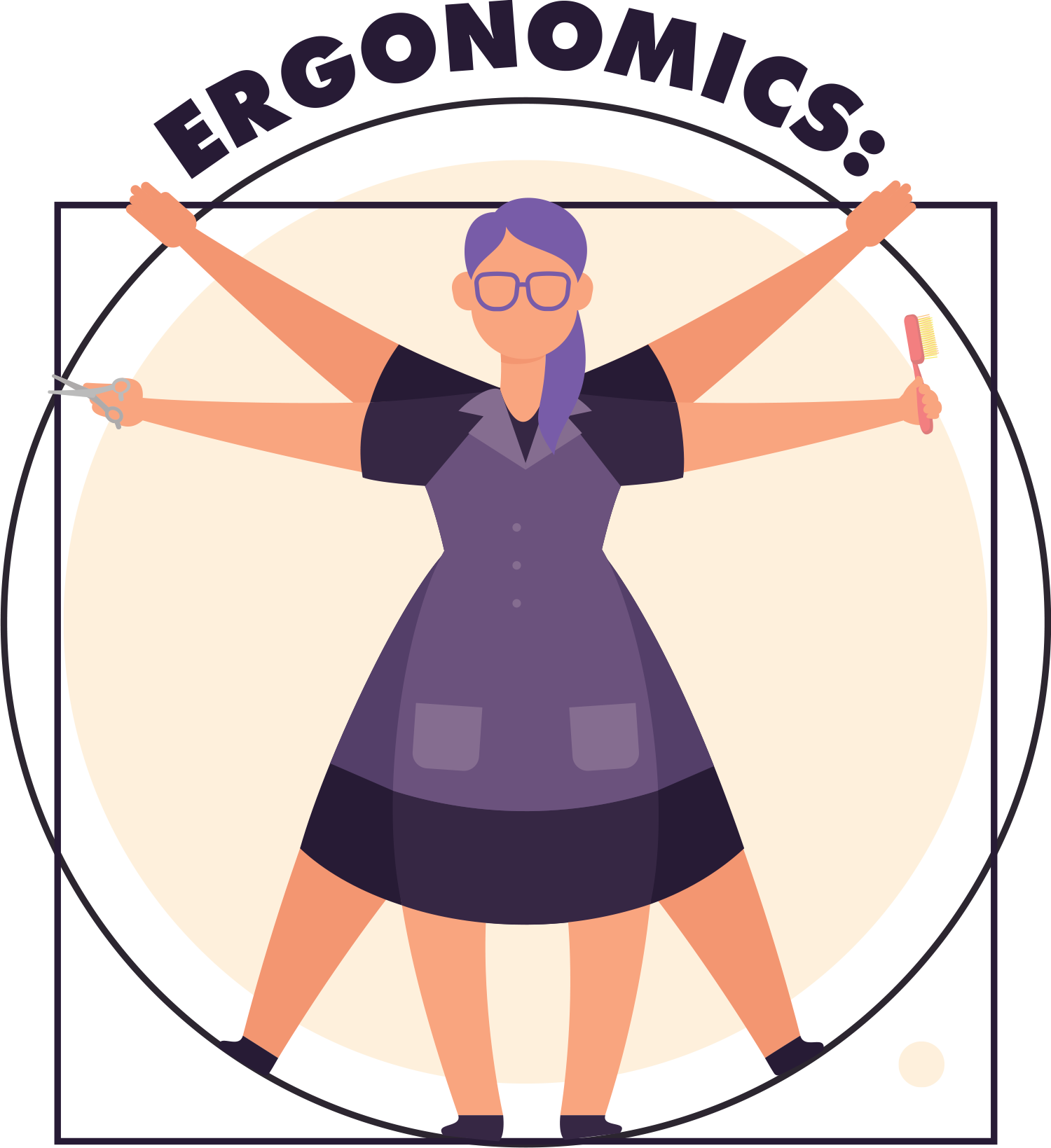 Ergonomics: typography with female groomer portrayed like Vitruvian Man