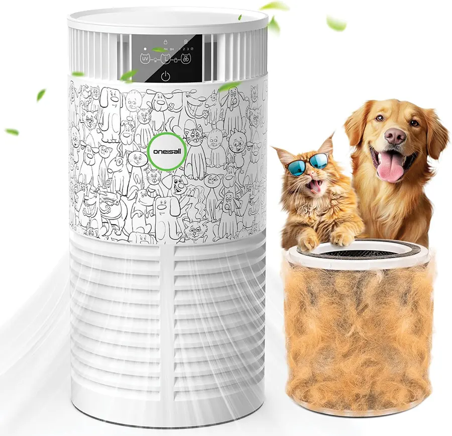 Digital image display of the white colored PP01 Oneisall Air Purifier for Pet Hair and Odor with cartoon animal drawings stamped all over a certain portion area of this product alongside green leaf-like particles shown circulating around the purifier plus a wind air gush in effect in motion as this product is shown next to a dirty filter covered in pet hair with a smiling cat wearing sunglasses sticking its tongue out and a happy golden retriever dog sticking its tongue out as these animals are located behind this dirty filter