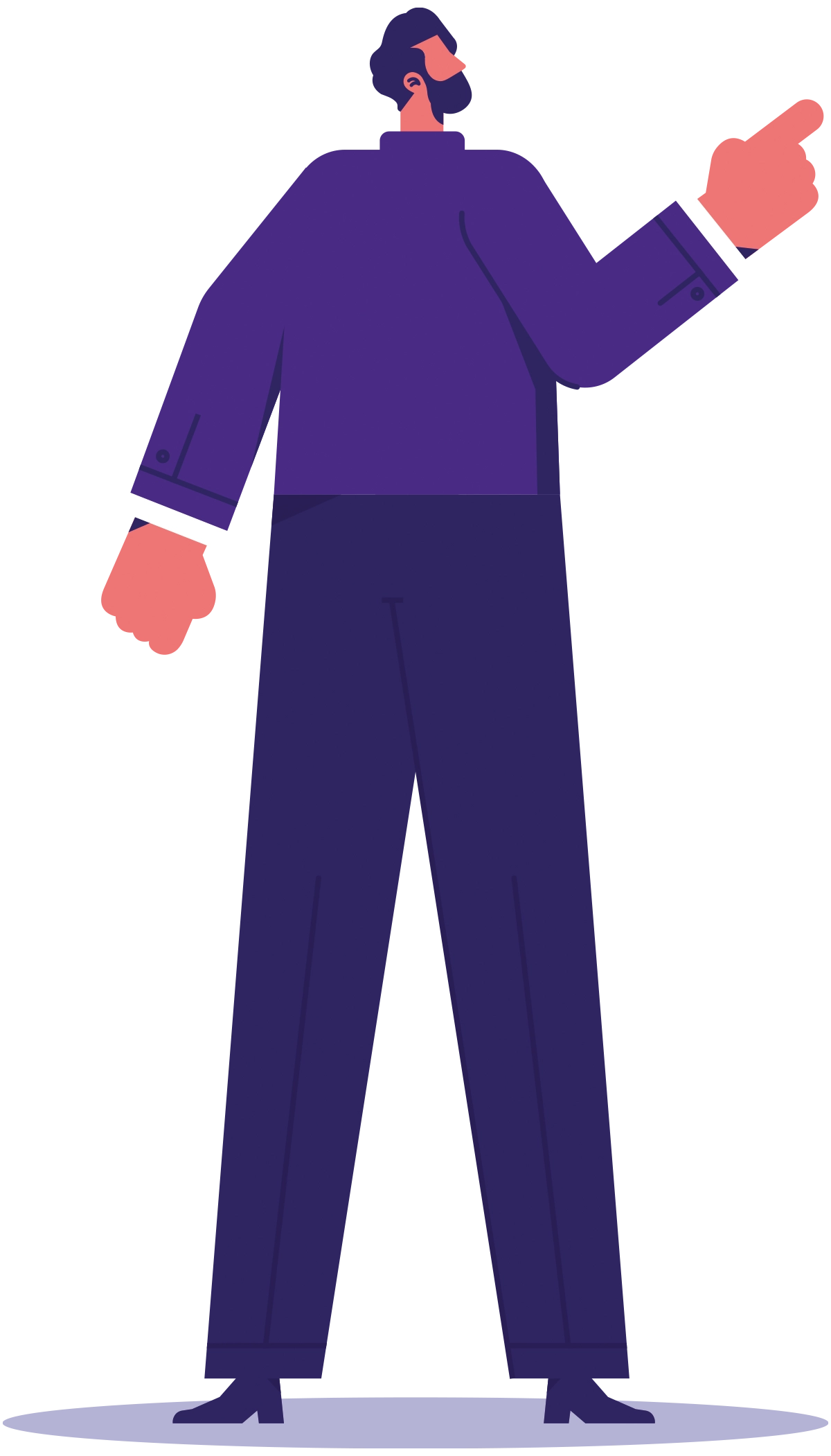 a stylized illustration of a man standing and pointing with his right hand