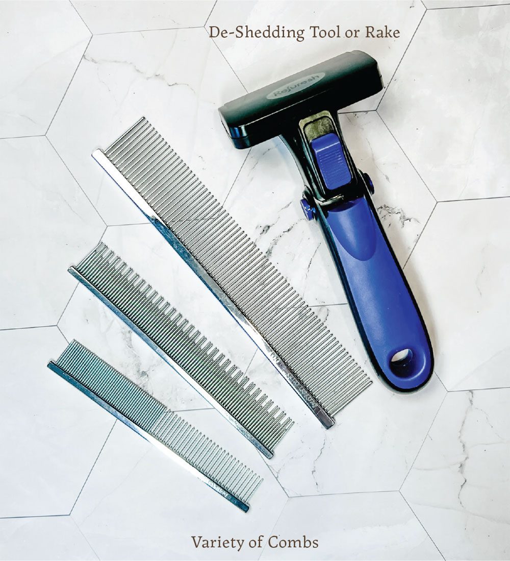 cat grooming tools including a de-shedding rake, and a variety of combs