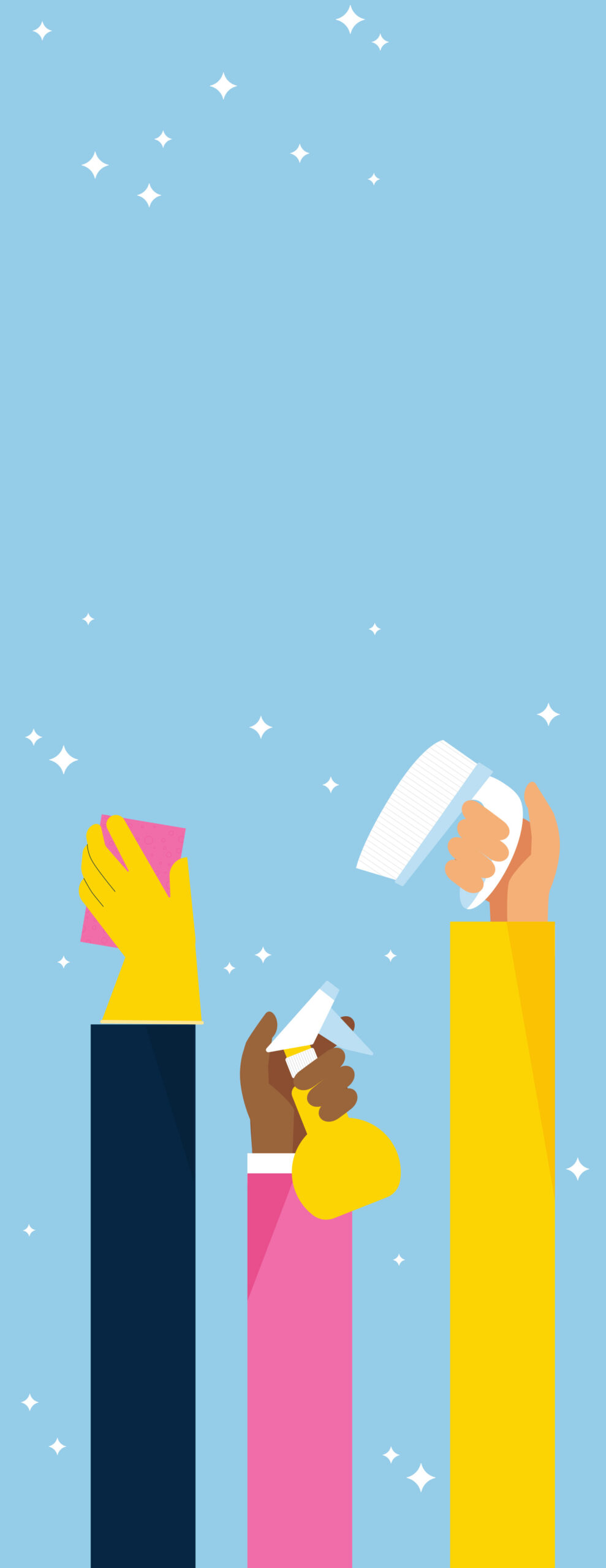 digital illustration of various hands, one holding a scrubbing brush, one holding a spray bottle, and one wearing a glove while holding a sponge