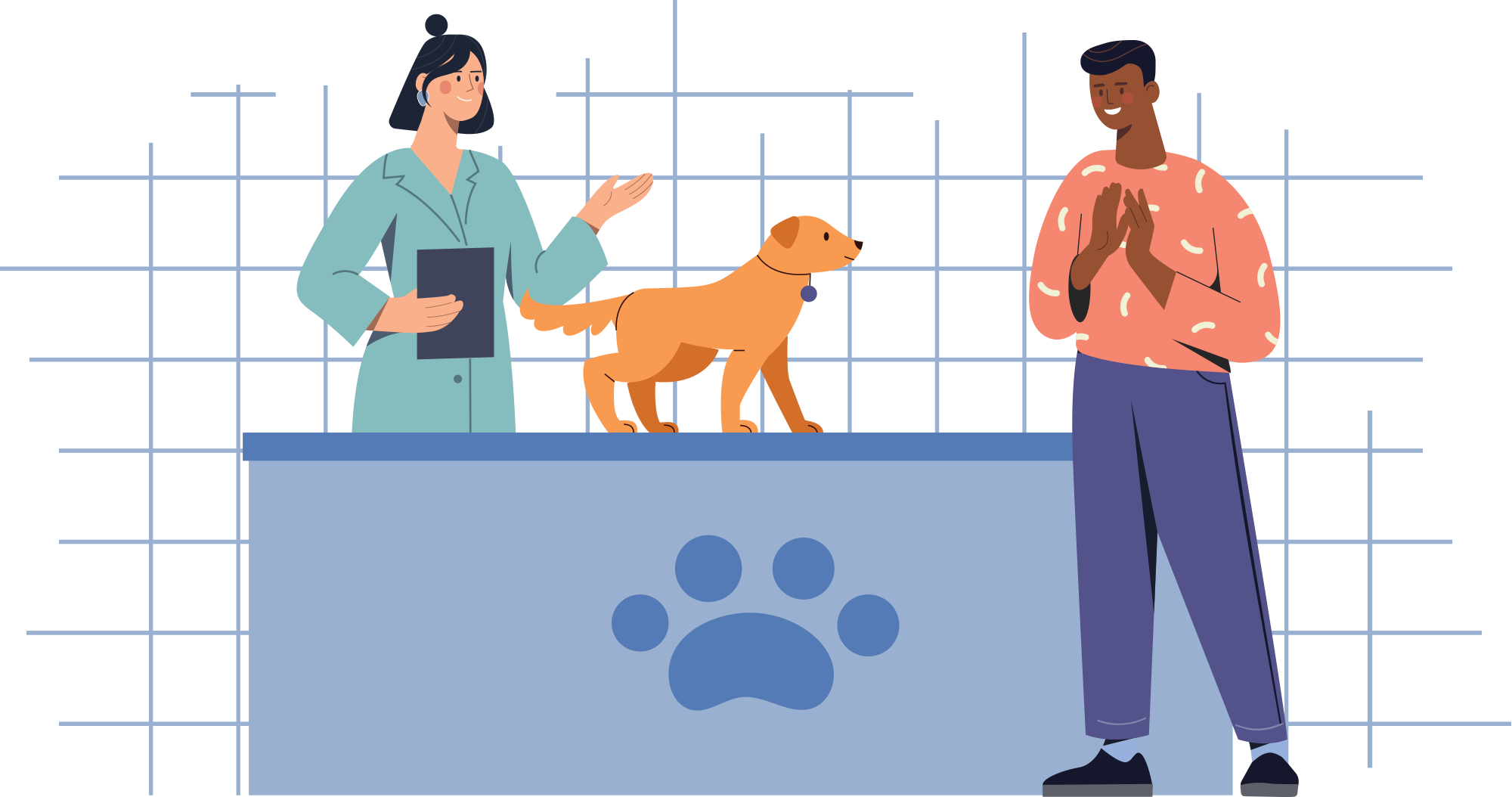 digital illustration of vet smiling at dog on table with owner smiling by its side