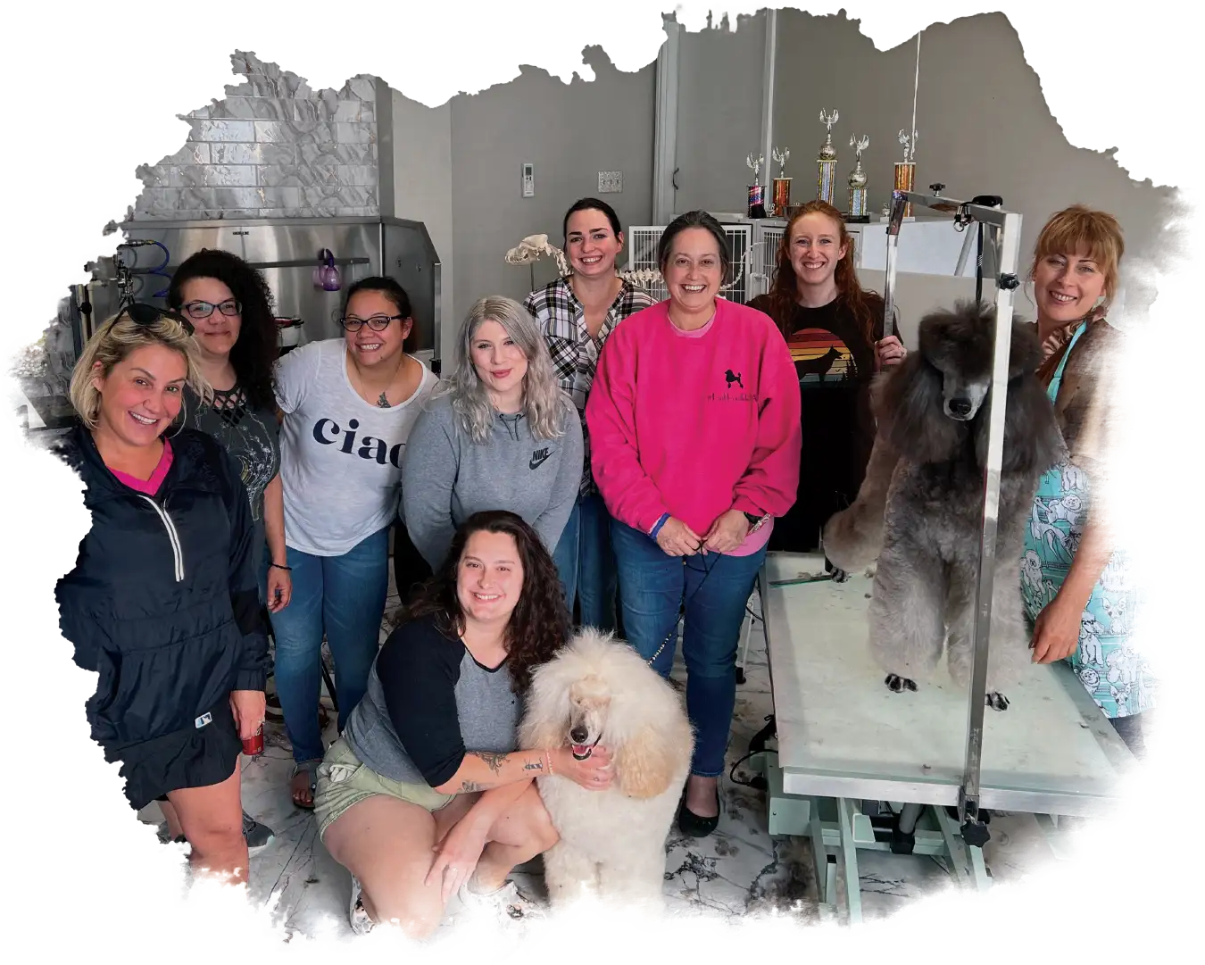 A group of nine people posing with two poodles in a room with trophies in the background.