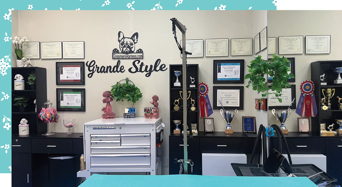A grooming space with trophies, plaques, certificates, and equipment organized around a central table under the text "Grande Style."