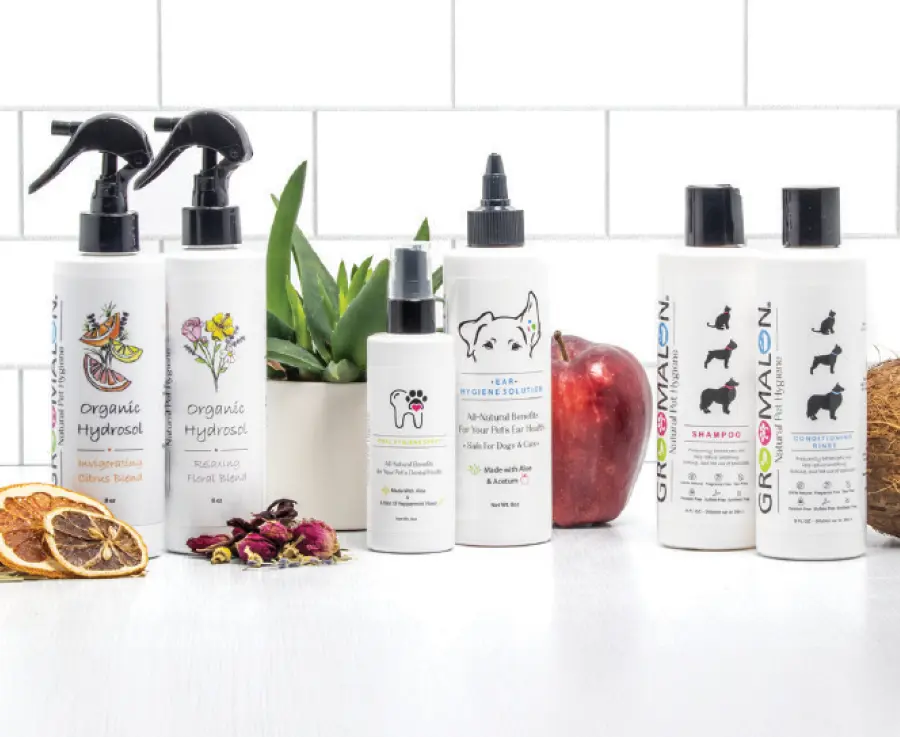 the Groomalon Pet Products small-batch, raw, all-natural hygiene essentials product models line that includes Organic Hydrosol Sprays, Ear Hygiene Solution, Oral Hygiene Spray, and Face, Feet & Fanny Wipes
