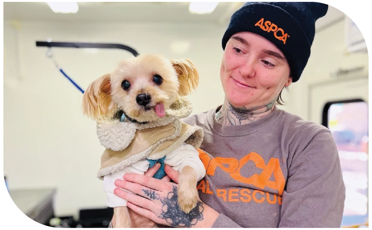 groomer smiling while holding small white dog