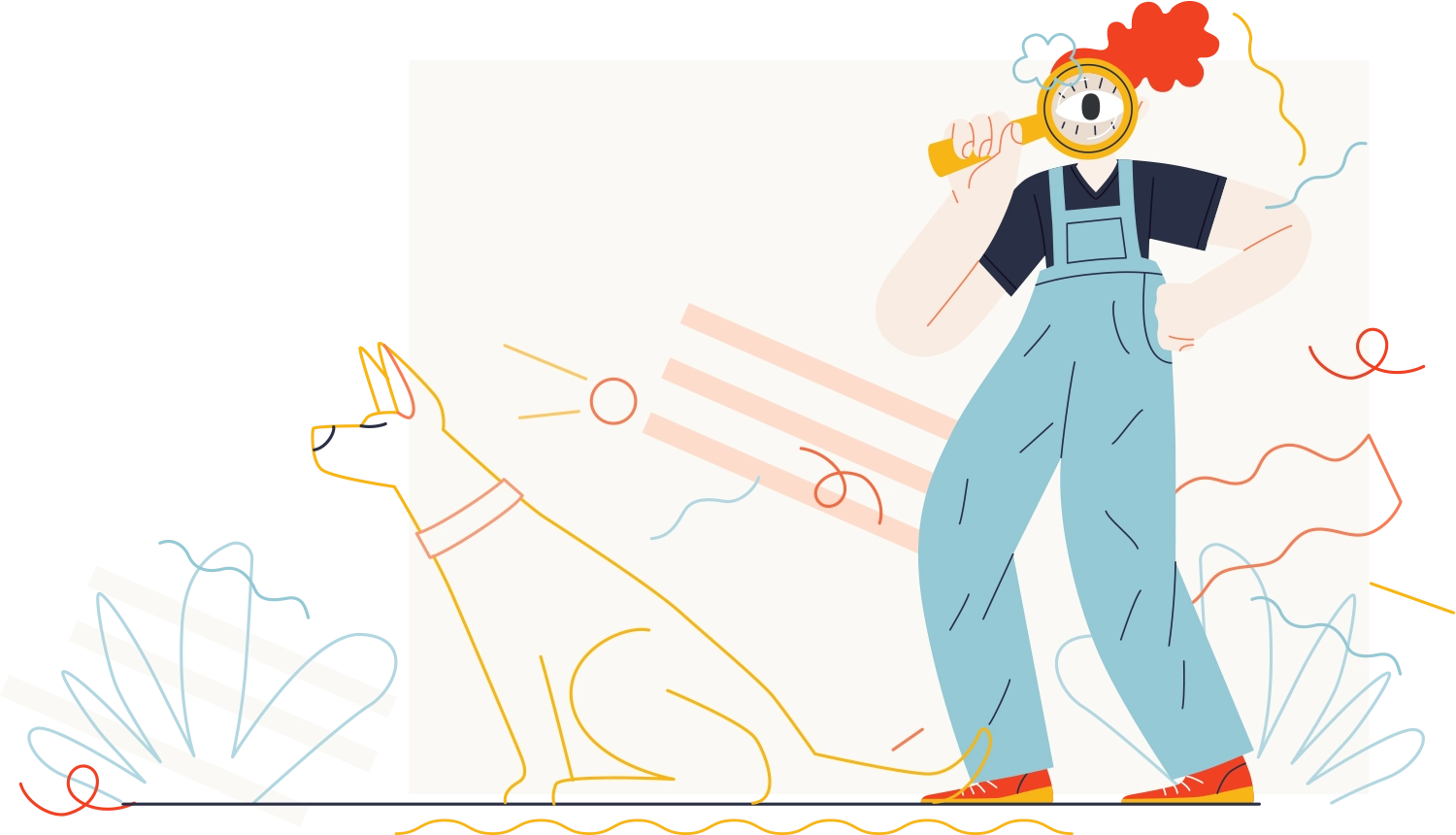 vector illustration of a person in blue overalls holding up a magnifying glass to their eye with an outline of a dog to their left and abstract doodle lines in various colors in the background