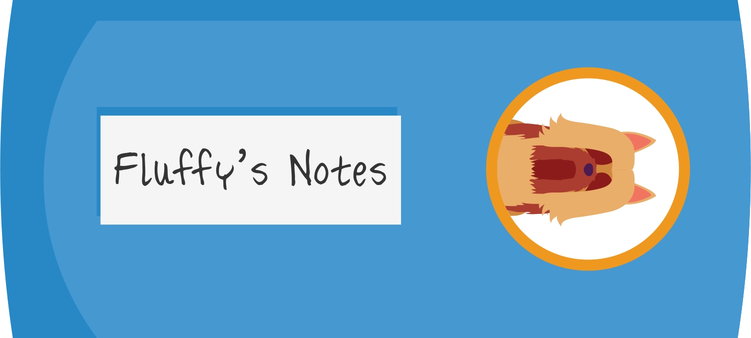 vector illustration of a book spine with a label that reads “Fluffy's Notes” below a caricture of a Yorkshire Terrier with long hair