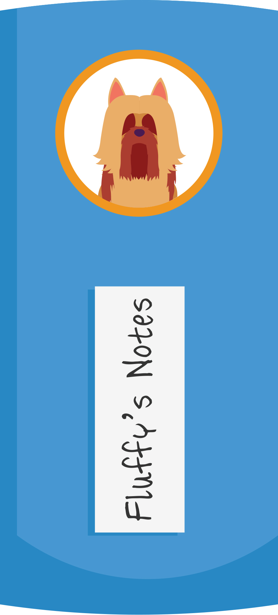 vector illustration of a book spine with a label that reads “Fluffy's Notes” below a caricture of a Yorkshire Terrier with long hair