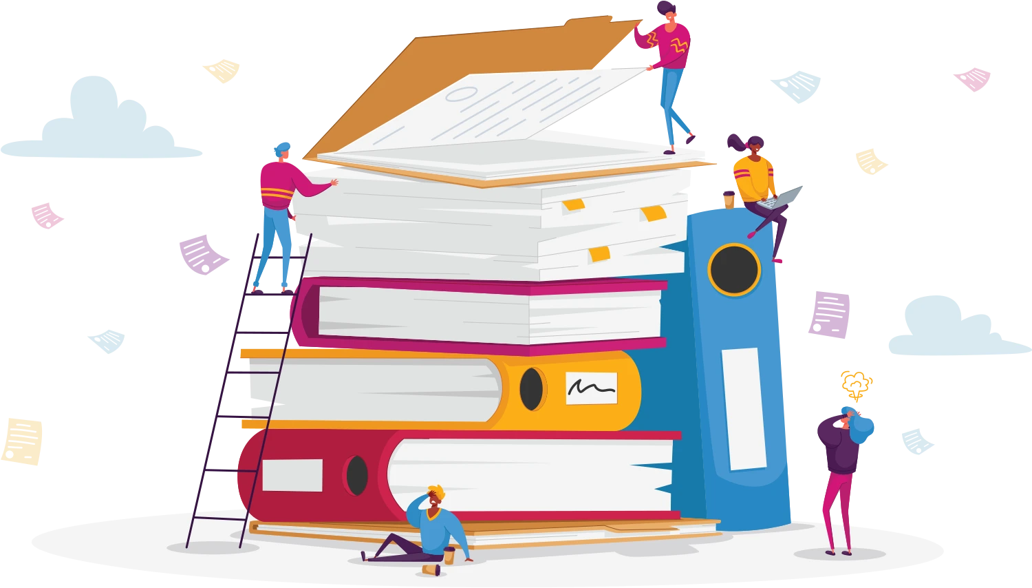vector illustration of people climbing over large books with icons of clouds and pages in the background
