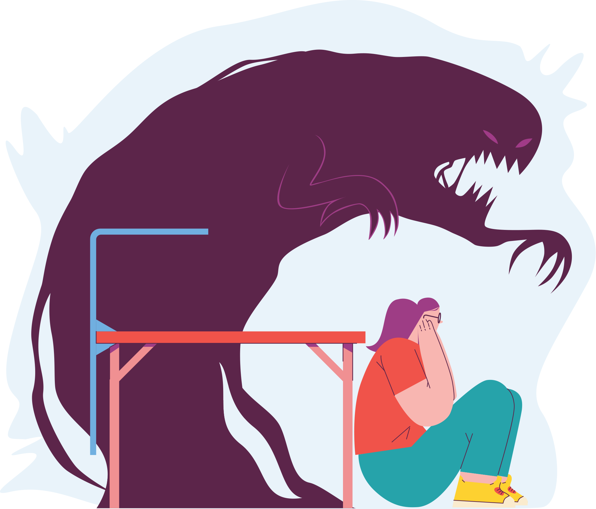 digital illustration of monster coming out from table while woman sits fearfully with hands over ears