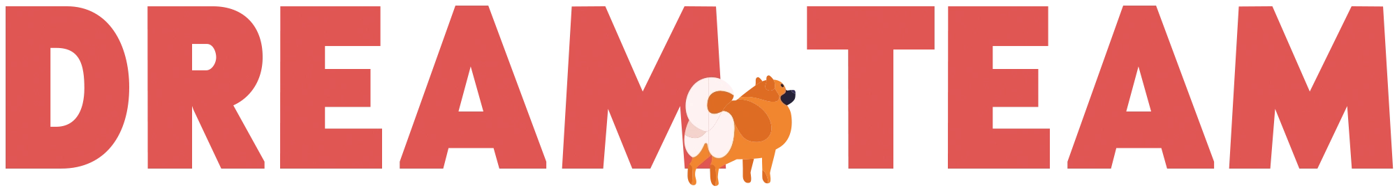 'Dream Team' typography with a small orange dog watching two people build something with shapes