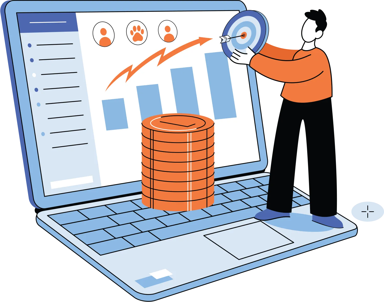 vector illustration of a person holding up a bullseye to a large laptop with statistics on it