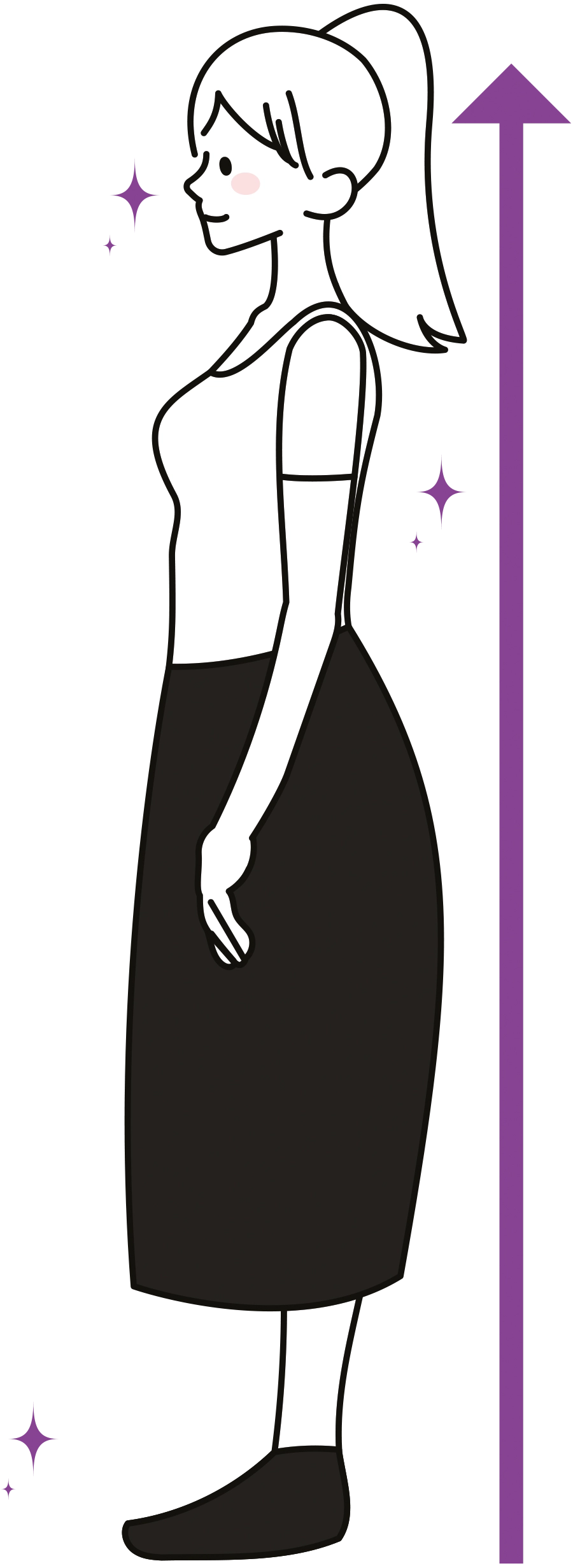 A profile view illustration shows a person with good posture. The person is standing upright with their back straight, shoulders relaxed, and head held level. A purple arrow indicating height is positioned to their right, emphasizing the elongation that comes with good posture. Sparkles surround the person, suggesting a positive and healthy appearance.