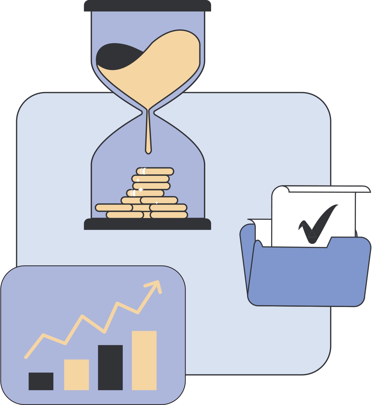 Graphic featuring an hourglass with money, a document folder with a checkmark, and a rising business chart.