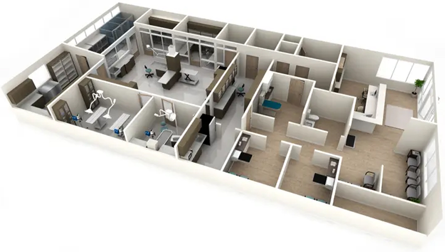 An architectural rendering of a veterinary clinic floor plan, viewed from above, showing various rooms like exam rooms, an operating room, offices, and a reception area.