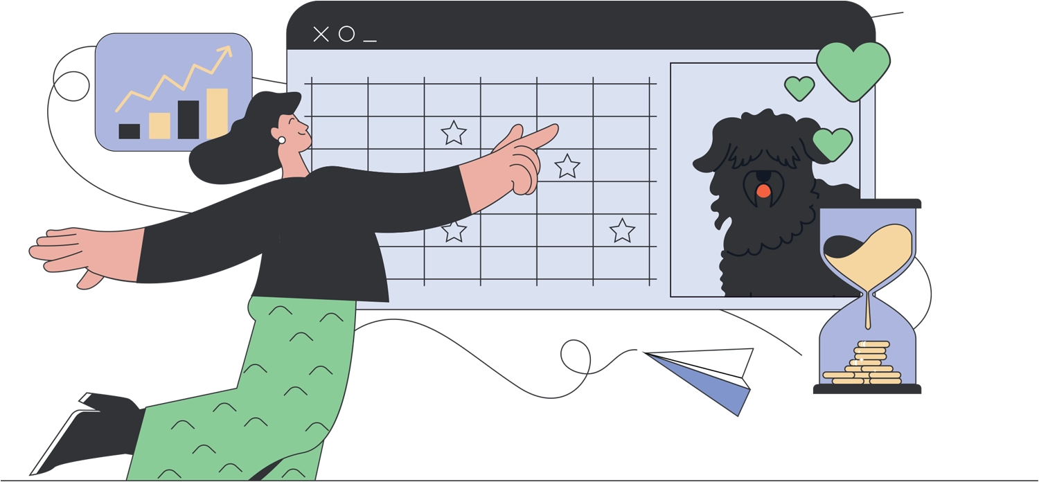 Creative illustration of a woman interacting with a digital calendar or scheduling interface, showing stars for appointments, a chart with upward trend, a happy dog, and an hourglass with coins.