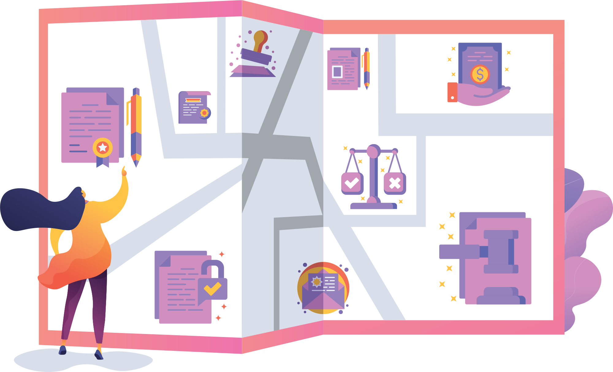 digital illustration of map with legal icons such as documents, scales, stamps, and envelopes