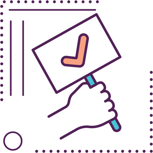 vector icon of a hand holding a sign with a pink check on it