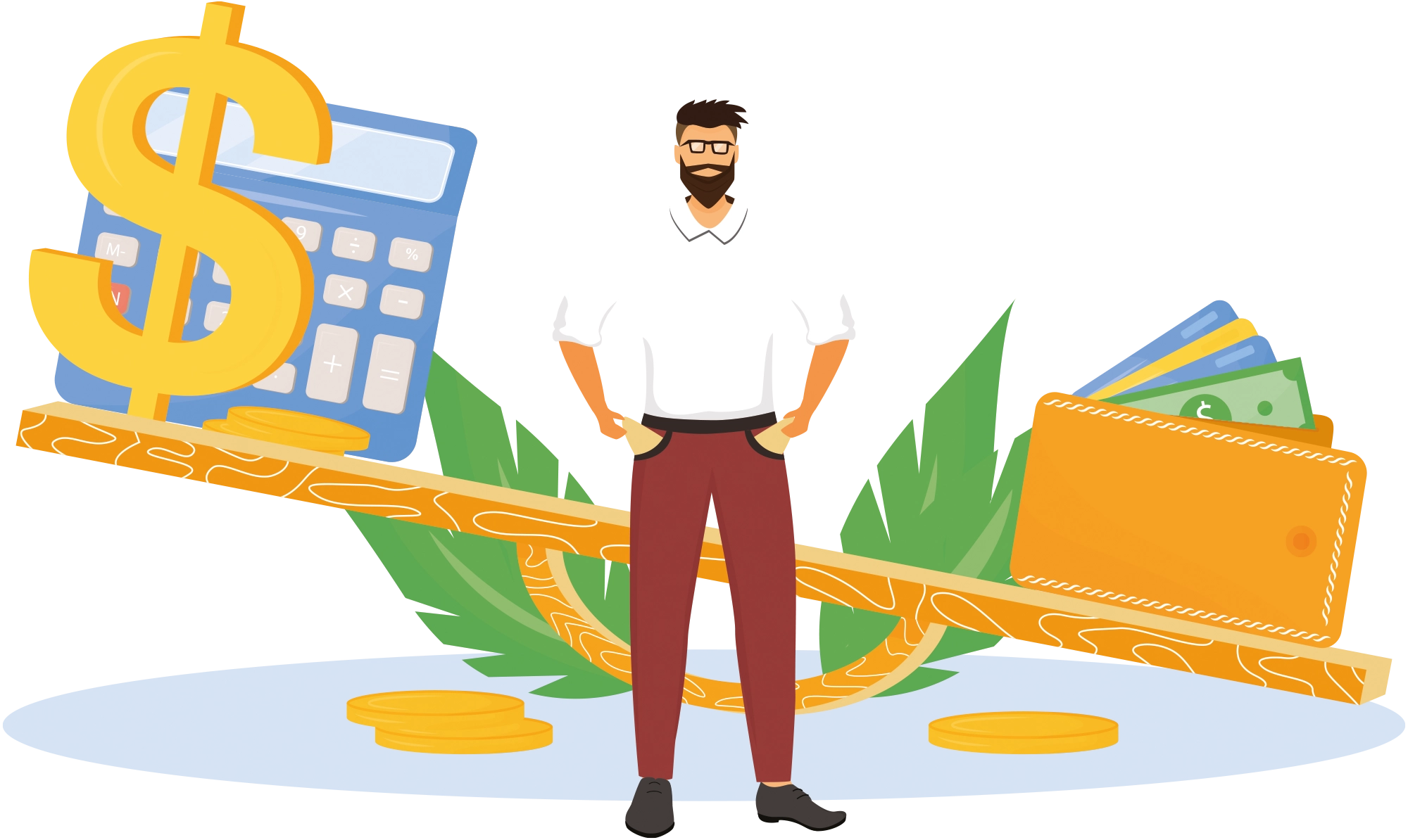 A stylized image of a man standing on a balance beam. On the left side of the beam is a large dollar sign and a calculator. On the right side is a wallet overflowing with cash and cards. The man is in the center of the beam with his hands in his pockets. 