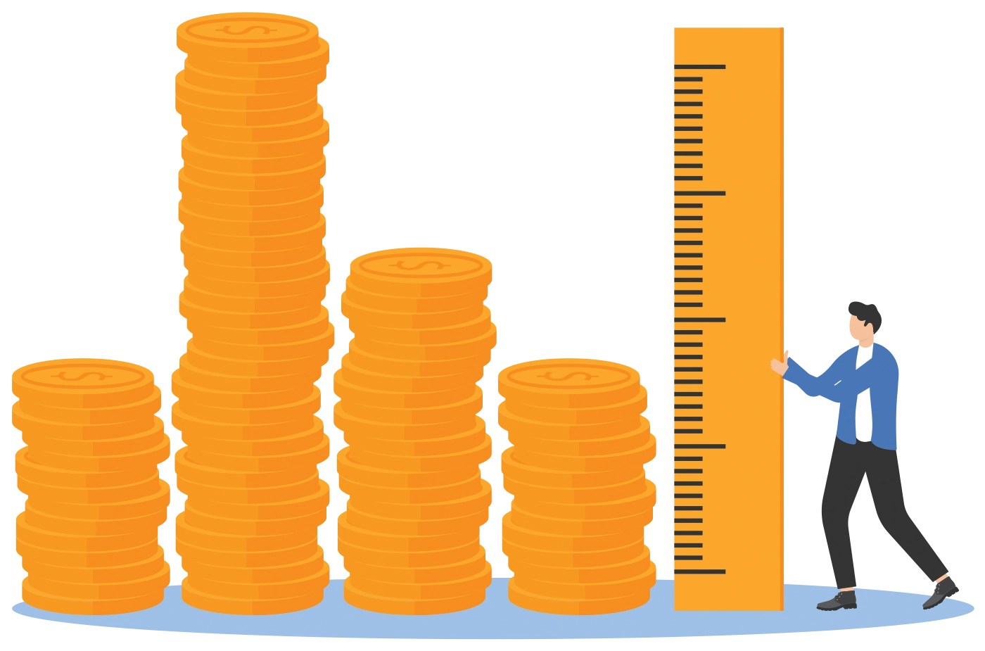 A stylized image showing stacks of gold coins of varying heights, forming a bar chart. Next to the tallest stack of coins, a man in a blue suit is pushing a large yellow ruler with black markings. The man is looking up at the ruler as if measuring the height of the coin stacks. 
