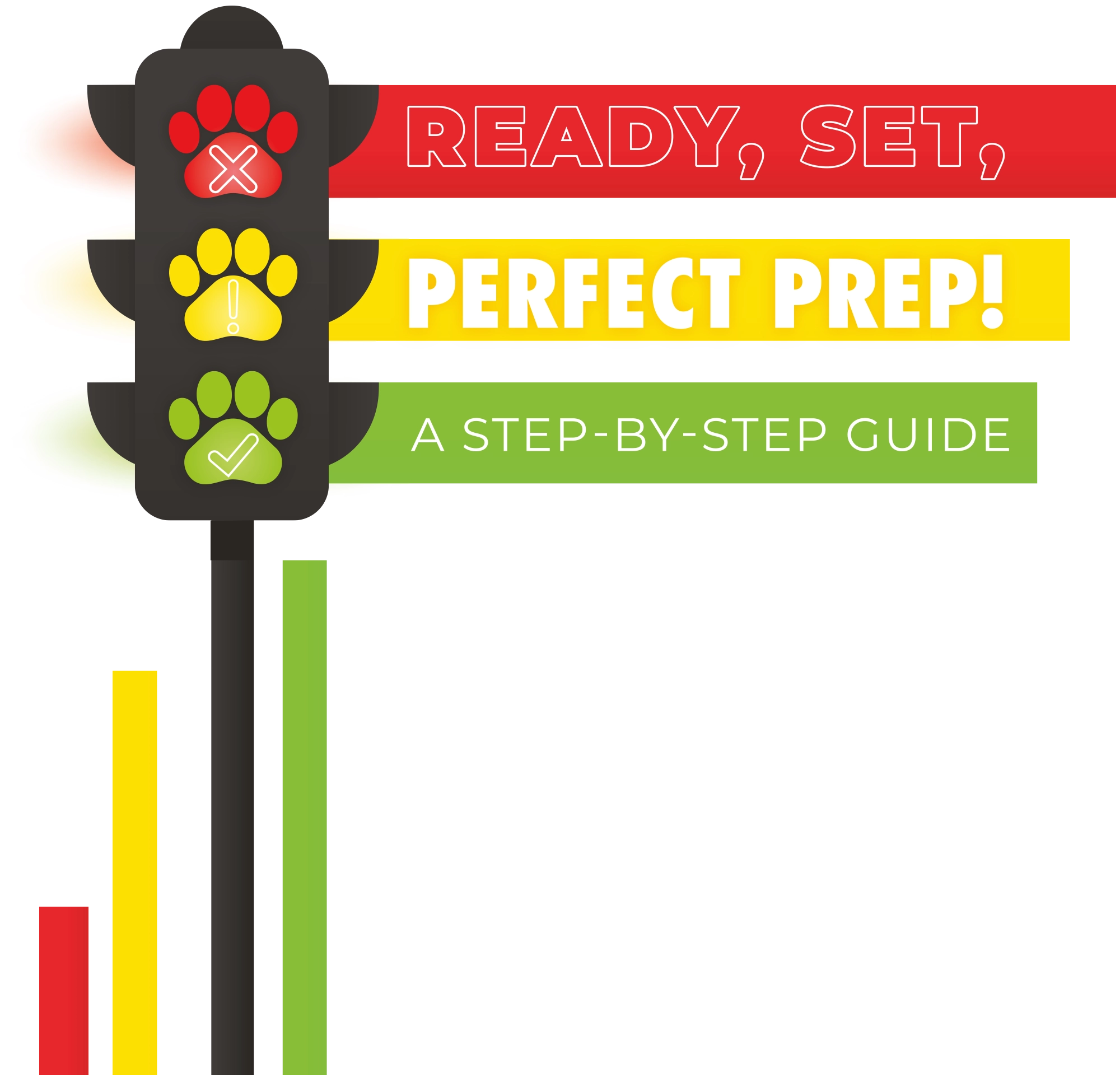 A graphic of a stoplight with paw prints on the lights. Next to the stoplight are three colored bars with the title "READY, SET, PERFECT PREP! A STEP-BY-STEP GUIDE."