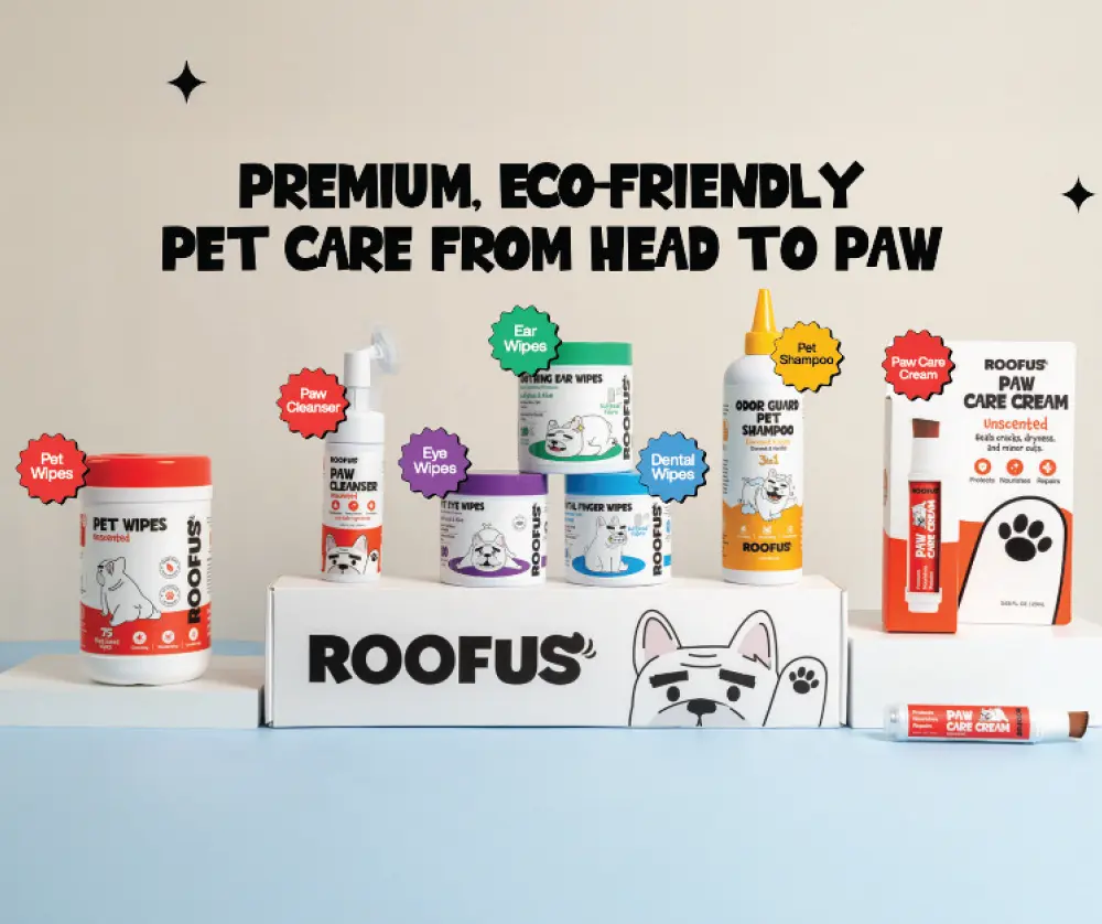 various Rufus pet grooming products on display including different pet wipes, paw cleaner, shampoo and paw cream