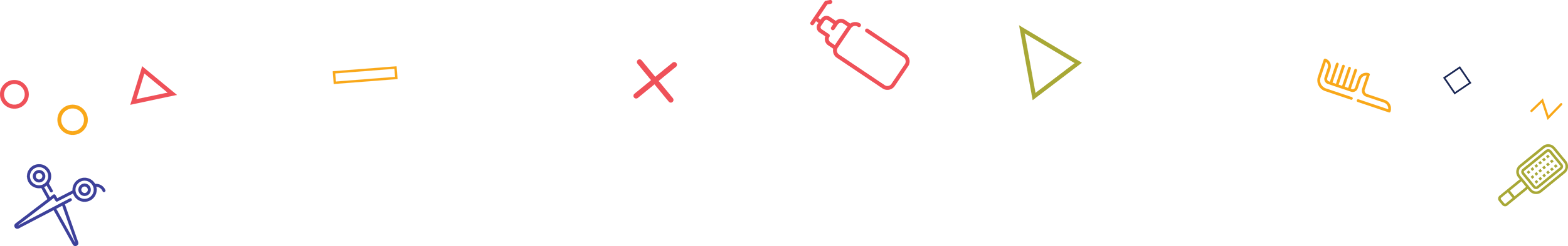 line drawings of scissors, a comb, and a brush, surrounded by other shapes