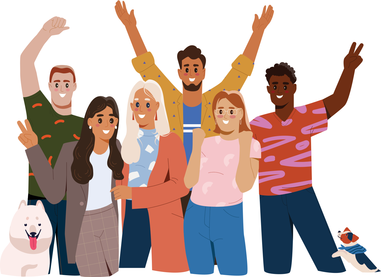 digital illustration of two dogs and various people smiling, some with arms up and some doing signs like a peace sign
