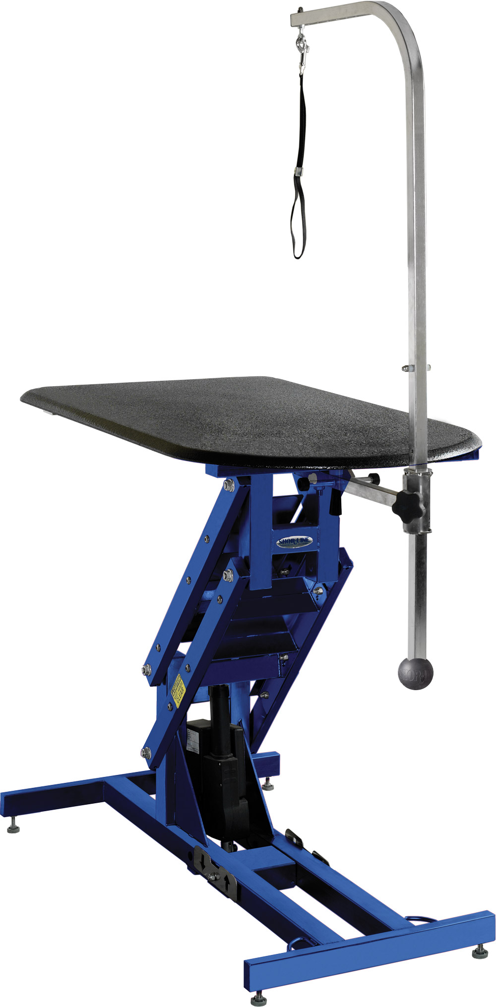 A blue hydraulic grooming table with a black non-slip surface and an adjustable pole with a strap.