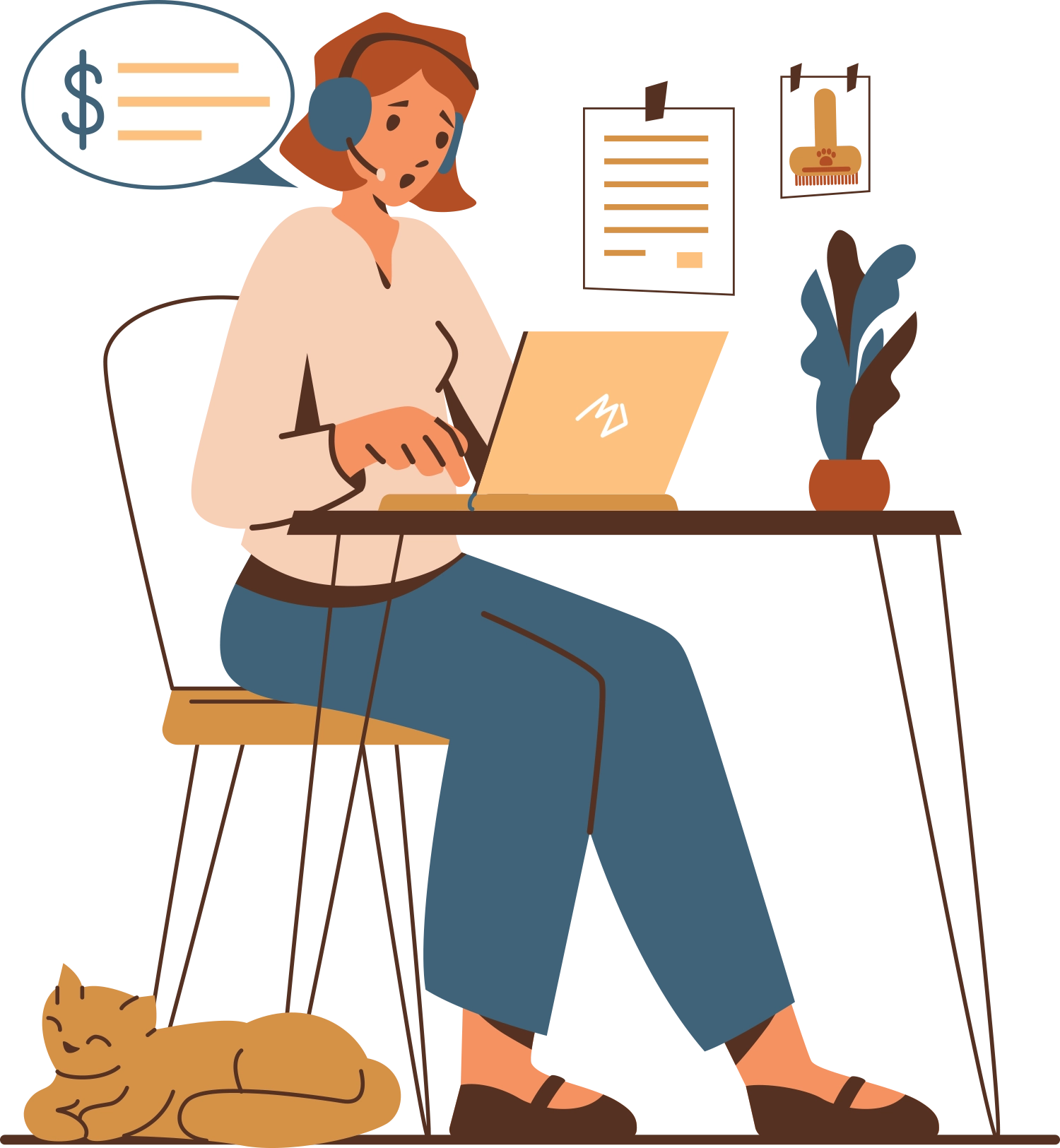 Illustration of a remote worker with a headset using a laptop at a desk, with a thought bubble showing financial or invoicing documents