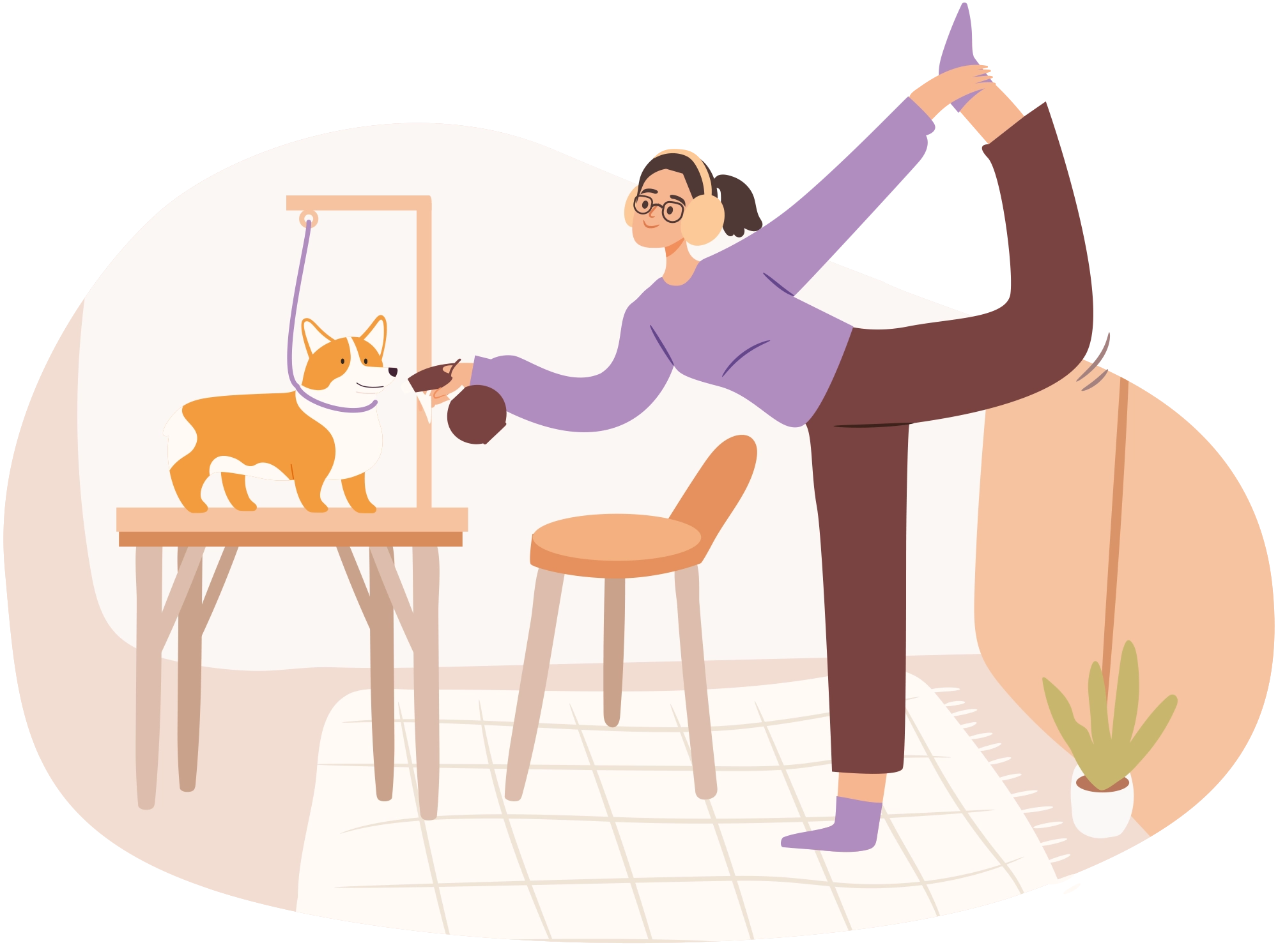 A female dog groomer is stretching in a yoga pose while holding a spray bottle near a Corgi on a grooming table. She is wearing a purple top, brown pants, glasses, and headphones. There is a small plant on the floor and a chair next to her.