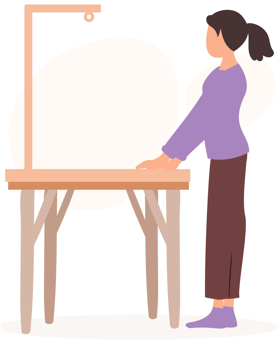 Illustration of woman standing at a table, ready to do a downward-facing dog yoga pose