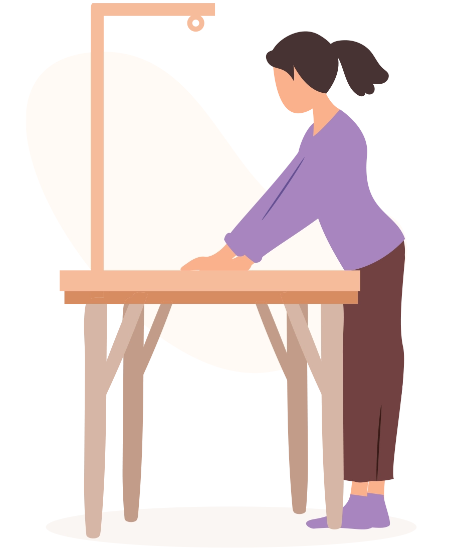 Illustration of woman leaning over table in a downward-facing dog yoga pose