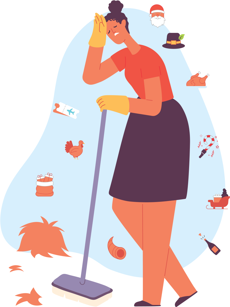 digital illustration of woman wiping forehead with broom in hand and icons representing holidays surrounding her