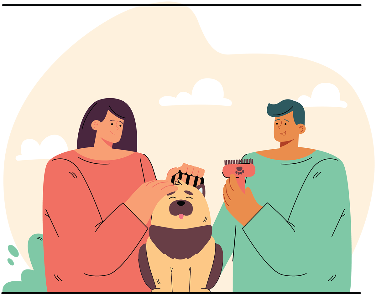 minimalist vector illustration of a couple grooming their dog