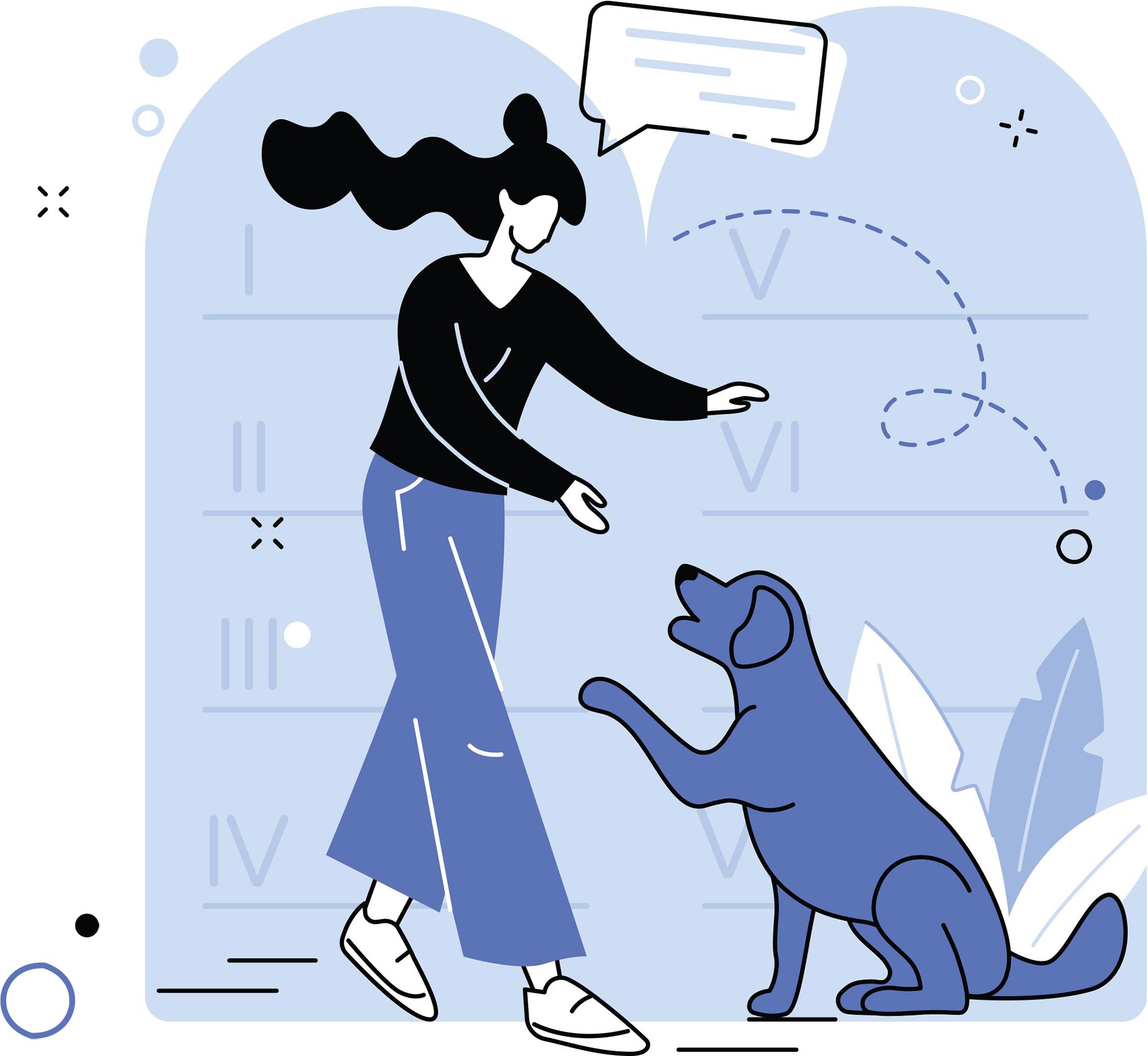 digital illustration of woman speaking to dog that has its paw raised