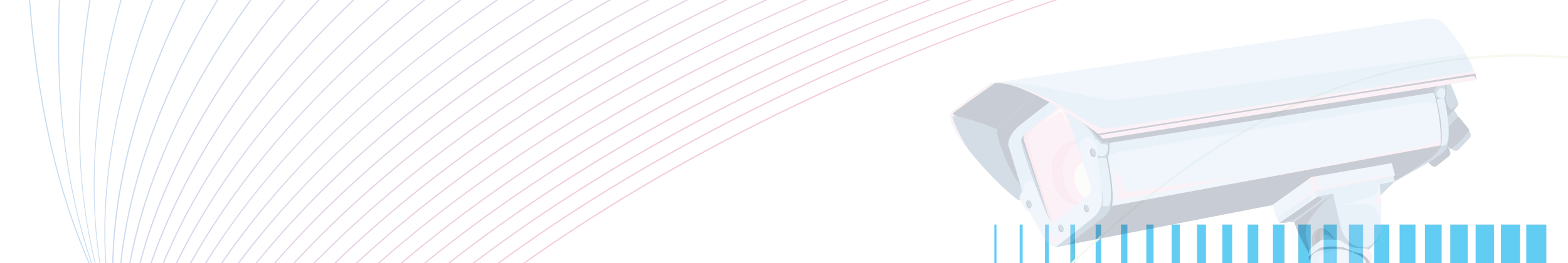 Stylized illustration of a sleek, white outdoor security camera with a sunshield, set against a background of curved pink and blue lines on a white field.