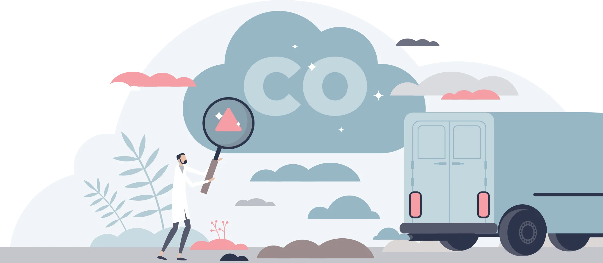 Flat vector illustration of a technician using a magnifying glass to detect carbon monoxide (CO) emissions coming from a service van.