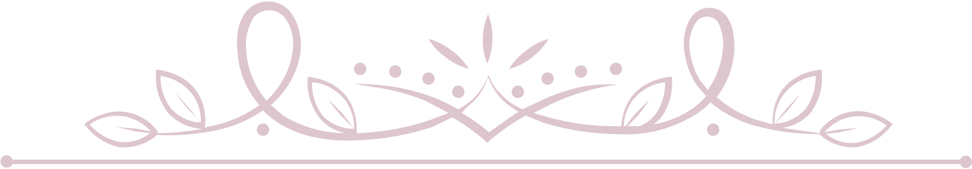 A pink decorative flourish graphic featuring symmetrical vine and leaf patterns.