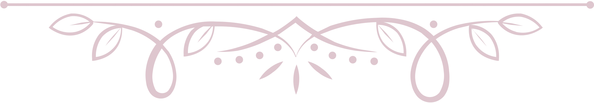 A pink decorative flourish graphic featuring symmetrical vine and leaf patterns.
