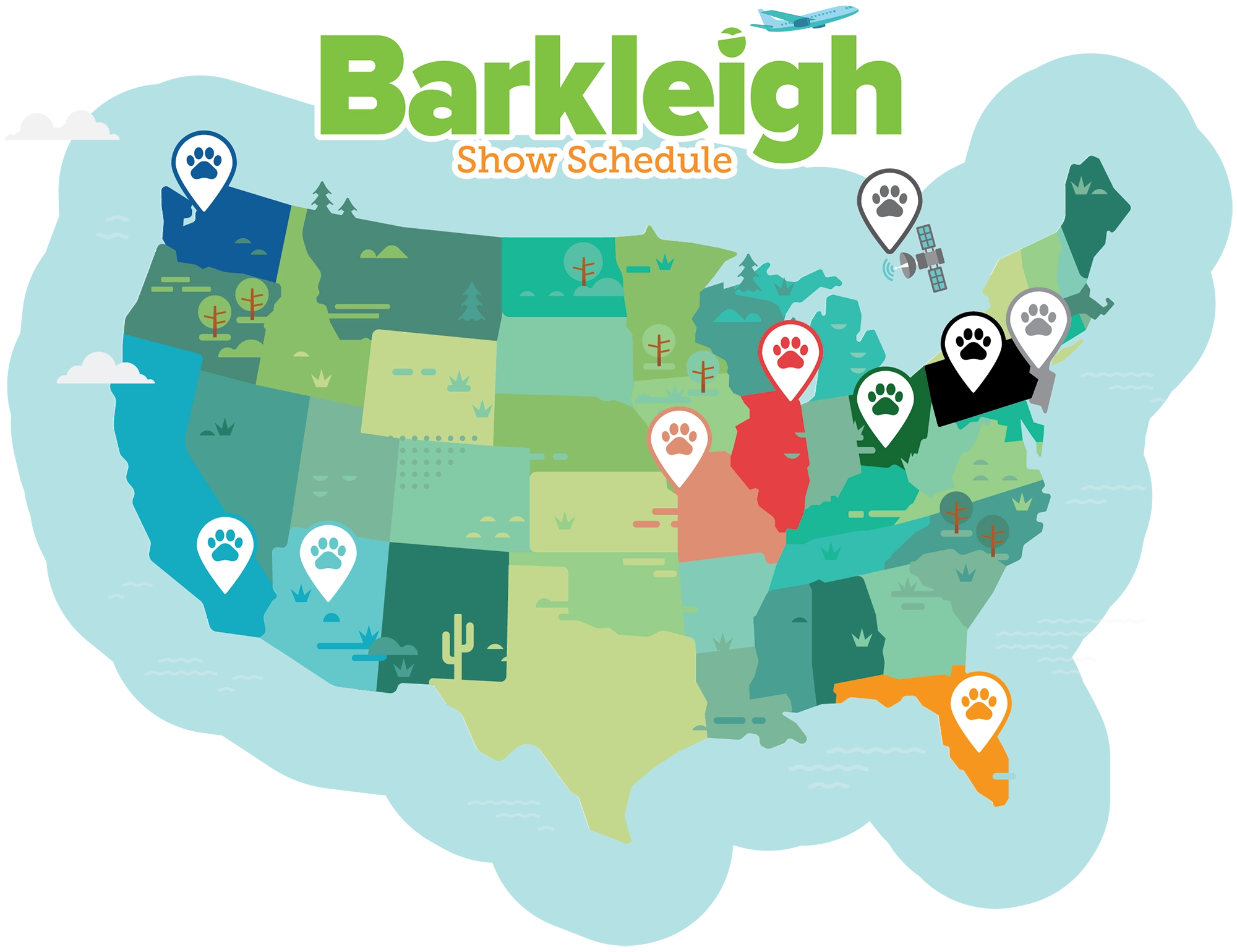 Barkleigh Show Schedule with colorful illustration of the United States of America map