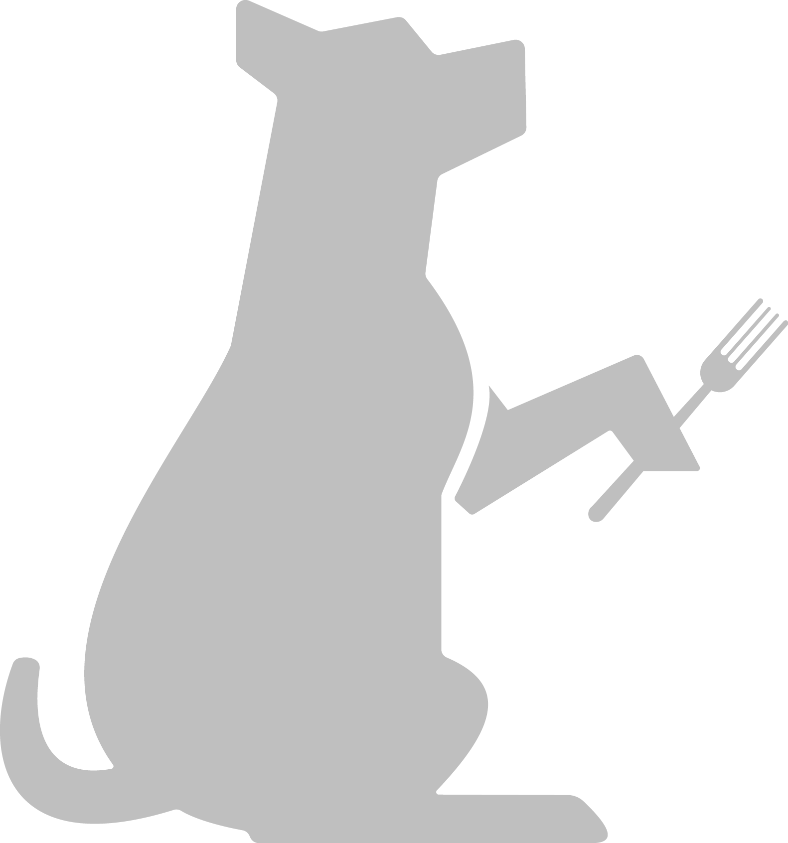 Black silhouette logo of a dog sitting upright, holding a four-tined fork in its front paw, symbolizing a dog-friendly kitchen or culinary theme.