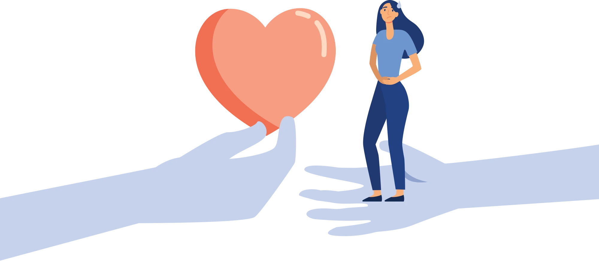 A conceptual vector illustration of a woman experiencing compassion fatigue, standing overwhelmed between two large shadowy hands—one offering a heart and the other reaching out for help