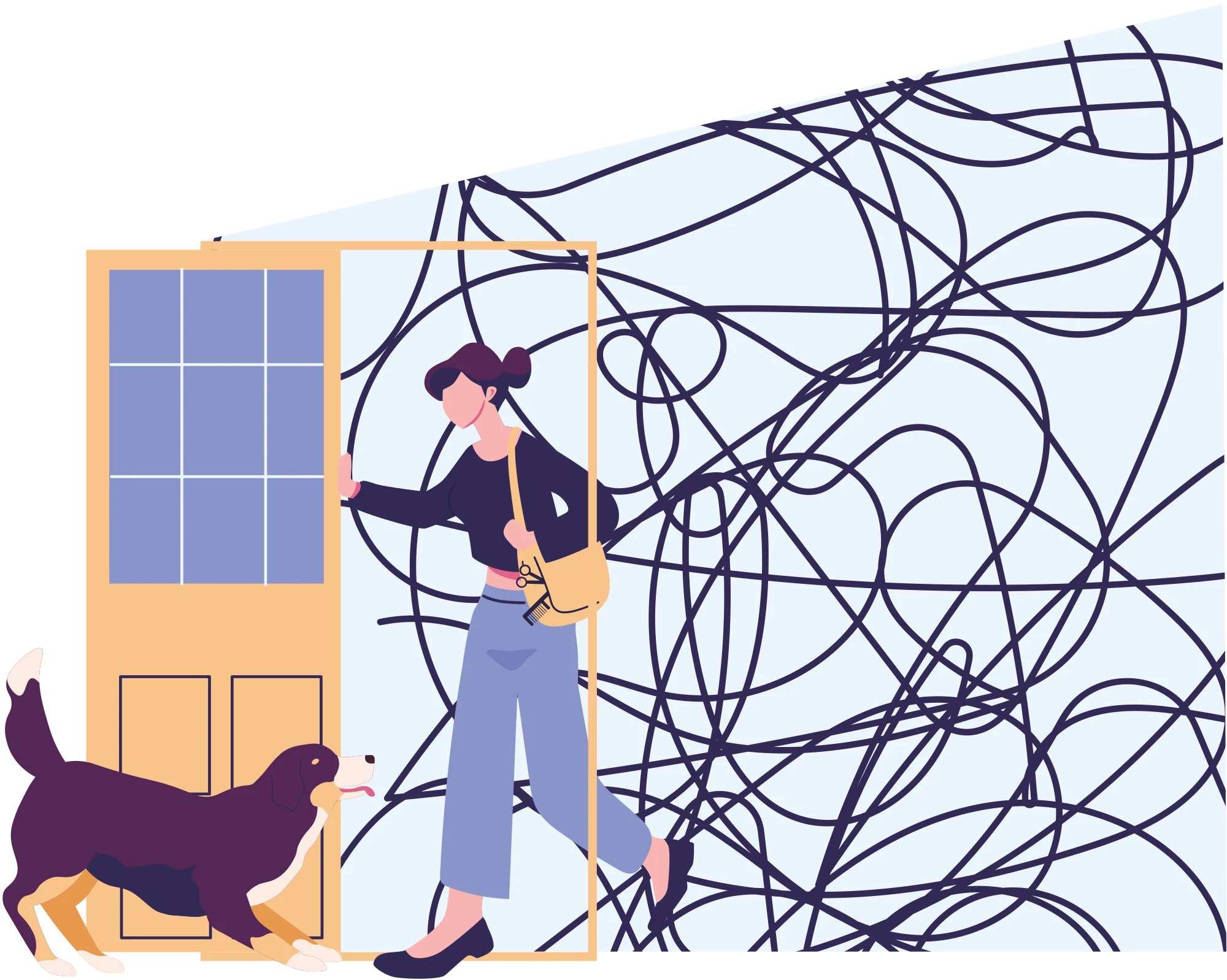 Illustration of a professional groomer walking a dog through a background of tangled, swirling black lines representing stress.